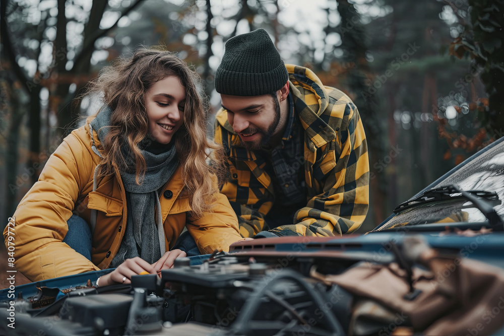 Fototapeta premium Couple with broken-down car, relaxed attitude while seeking help