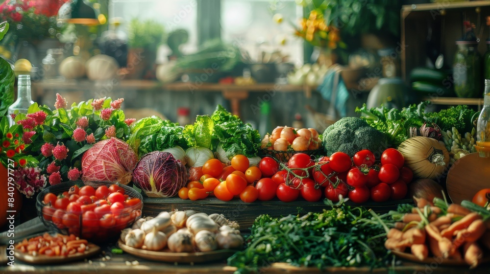 Freshly Harvested Vegetables Displayed on Rustic Wooden Counter Freshly Harvested Vegetables Displayed on Rustic Wooden Counter