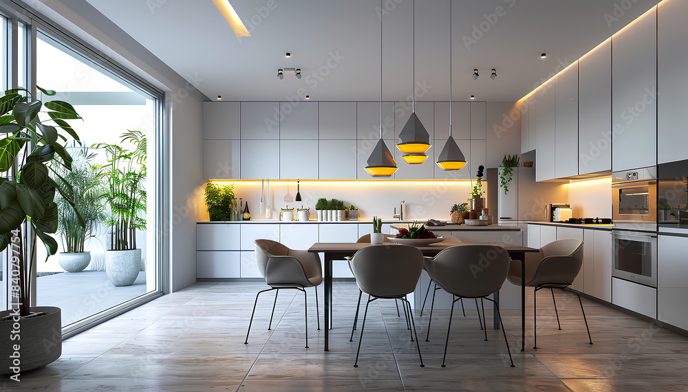 Interior of modern open plan kitchen with dining table and glowi Stock ...