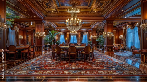 Luxurious Casino Gaming Room With Ornate Chandeliers and Rich Carpeting