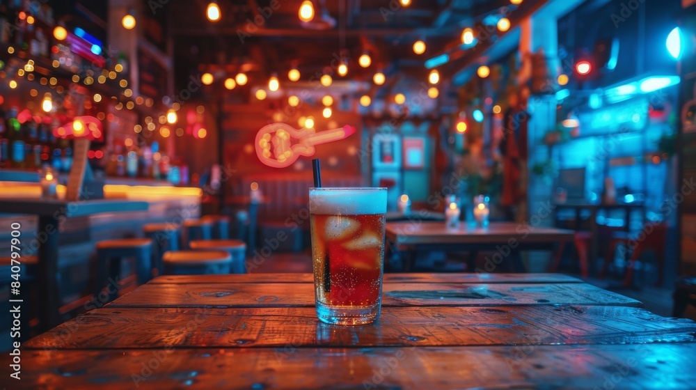 A Glass of Beer on a Wooden Table in a Dimly Lit Bar at Night A Glass of Beer on a Wooden Table in a Dimly Lit Bar at Night