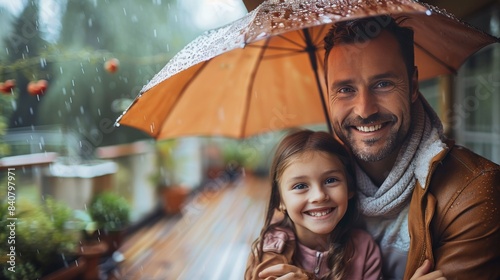 Smiling Father and Daughter Under Umbrella on Rainy Day