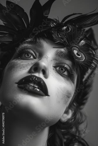Close-up black and white portrait of woman with black feathers, intense gaze, dramatic makeup, bold and mysterious © Truprint