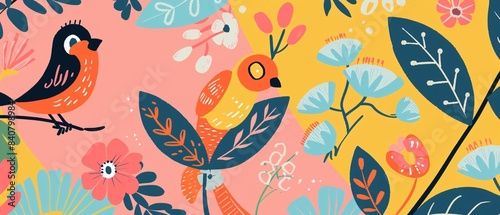 A colorful painting of birds and flowers © AriyaniAI