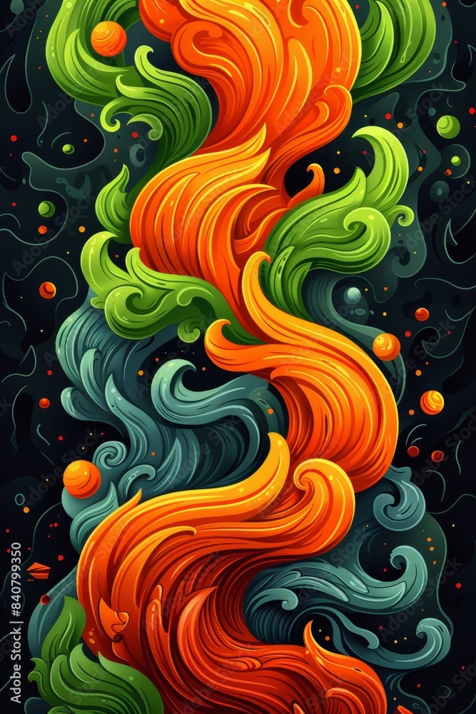Fototapeta premium Abstract Orange Green Swirls on Dark Background
