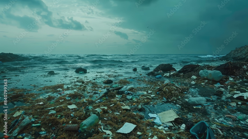 Obraz premium Shore is polluted with garbage. AI generated.