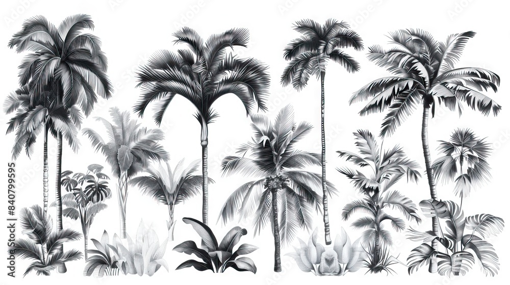 Seamless Border Hand Drawn Black and White Lithography Illustration Retro Style Design. Tropical wallapaper. AI generated illustration Seamless Border Hand Drawn Black and White Lithography Illustration Retro Style Design. Tropical wallapaper. AI generated illustration