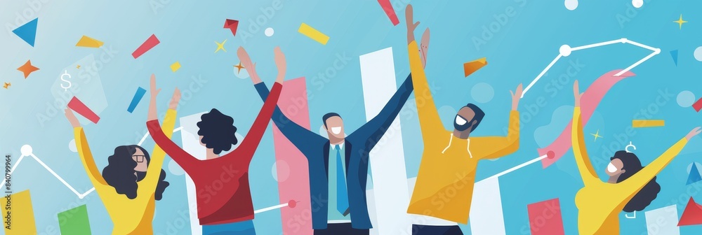 A sales team celebrating a successful quarter, with charts and graphs displayed, highlighting achievements and motivation in business operations A sales team celebrating a successful quarter, with charts and graphs displayed, highlighting achievements and motivation in business operations