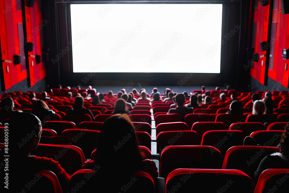 Cinema blank screen and silhouettes of people in red chairs Cinema blank screen and silhouettes of people in red chairs