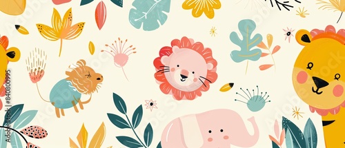 A colorful drawing of animals and flowers
