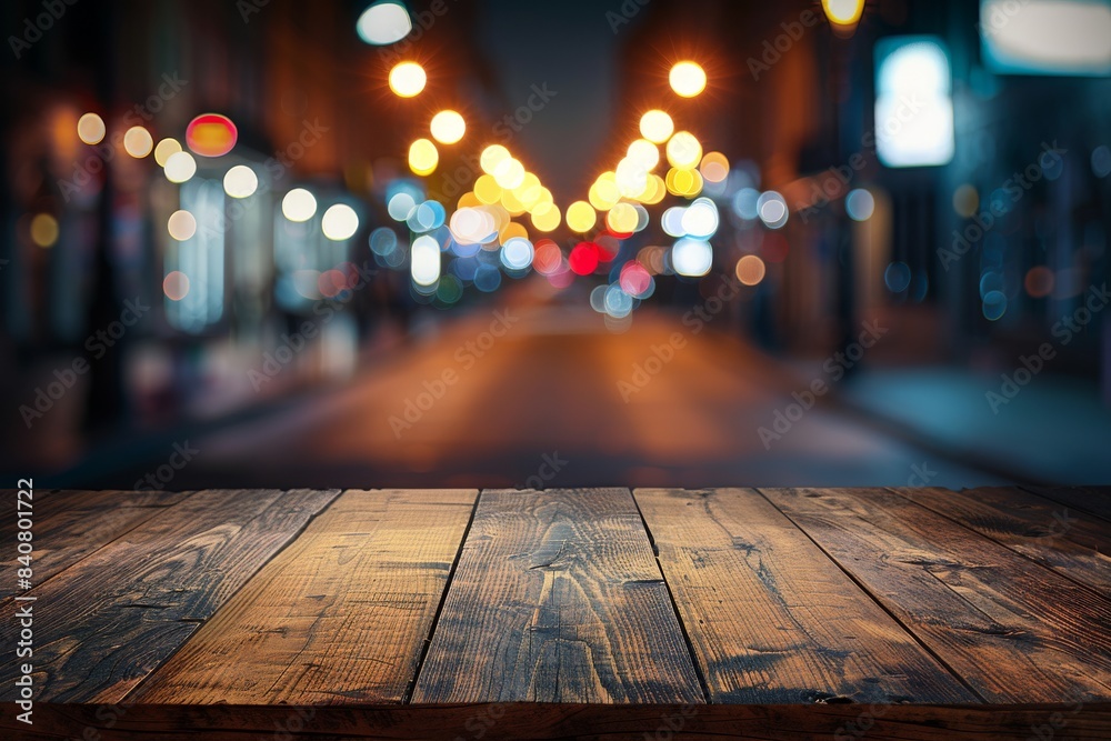 Empty wooden table top with blurred background of night street lights and bokeh effect for product display presentation, product mockup design template, blank space for copy text Empty wooden table top with blurred background of night street lights and bokeh effect for product display presentation, product mockup design template, blank space for copy text
