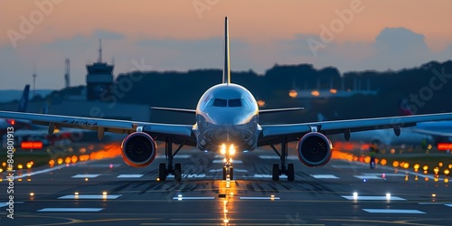 Ground Crew Uses Marshalling Signals to Direct Aircraft on Runway. Concept Aircraft Marshalling, Ground Crew Signals, Airport Operations, Runway Safety, Aviation Communication photo