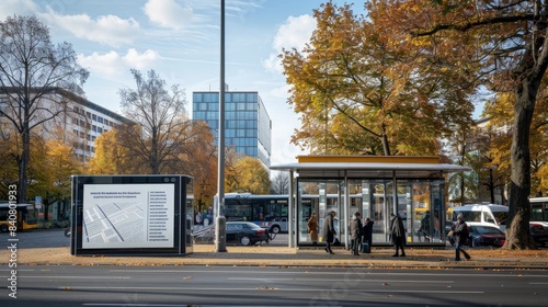 a modern bus stop with a blank white billboard for advertising in a city center, taken from the street side with a view of cars and people walking in the background.