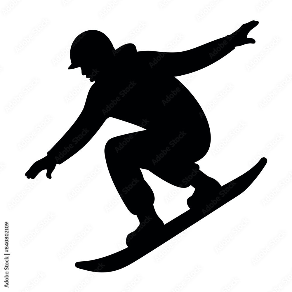 Snowboarding, man on snowboard vector silhouette white background Snowboarding, man on snowboard vector silhouette white background
