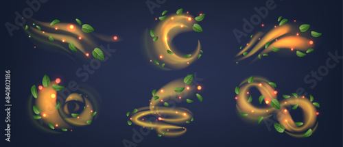 Abstract Golden Light Swirls With Green Peppermint Leaves. Realistic 3d Vector Illustration Represents Energy Movement