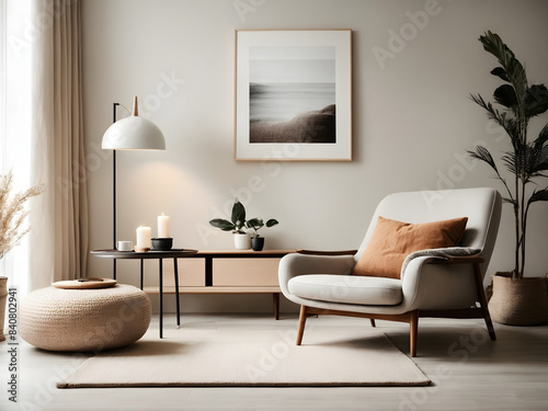 Modern minimalist composition of wooden frame mockup  living room interior  3d render