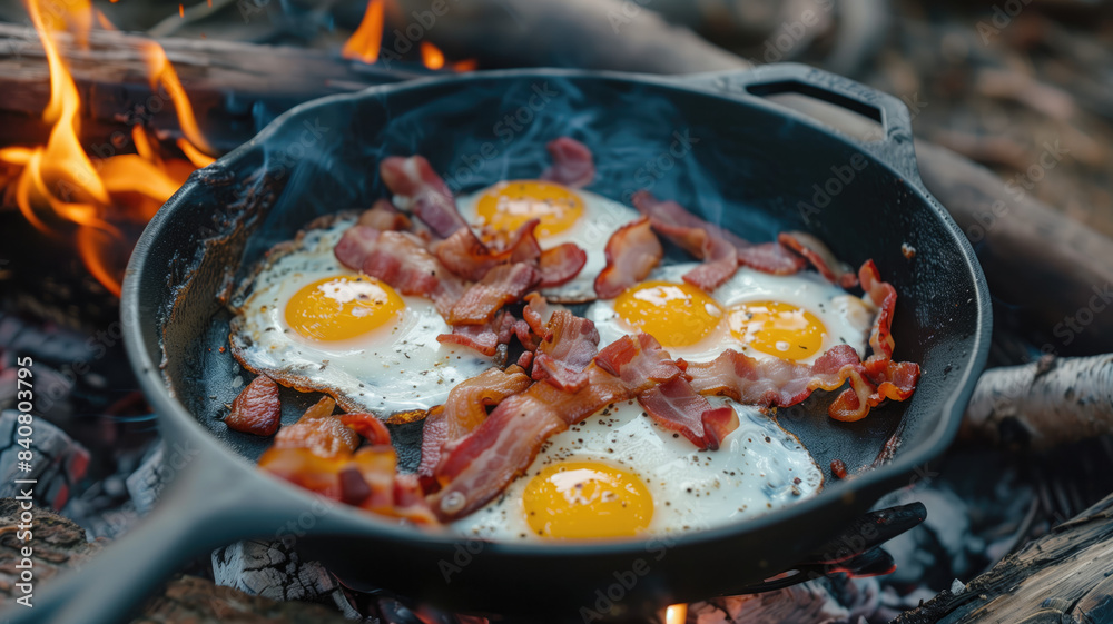 Camping breakfast with bacon and eggs in a cast iron skillet. Fried eggs with bacon in a pan in the forest. Food at the camp. Scrambled eggs with bacon on fire. Picnic Camping breakfast with bacon and eggs in a cast iron skillet. Fried eggs with bacon in a pan in the forest. Food at the camp. Scrambled eggs with bacon on fire. Picnic
