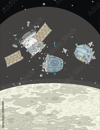 Fragments of a spaceship destroyed during deorbit and landing on the lunar surface, vector cartoon illustration