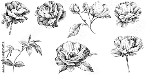 Rose isolated on white set. Hand drawn vintage wild flower illustration collection. © ARTSTOK