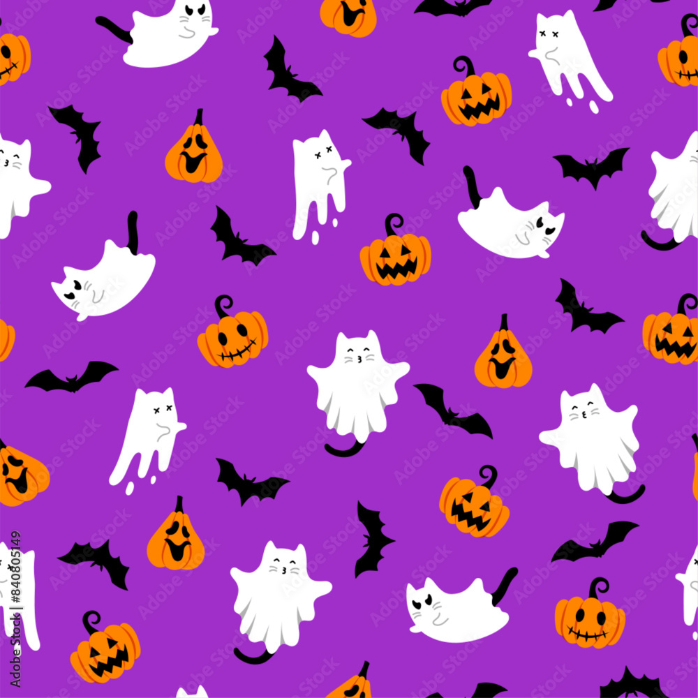 Cute halloween pattern with ghost cats, bats, pumpkins on violet background. Vector flying Halloween characters, cartoon kittens spirit. Kawaii ghost print for fabric texture, greeting, wrapping paper Cute halloween pattern with ghost cats, bats, pumpkins on violet background. Vector flying Halloween characters, cartoon kittens spirit. Kawaii ghost print for fabric texture, greeting, wrapping paper