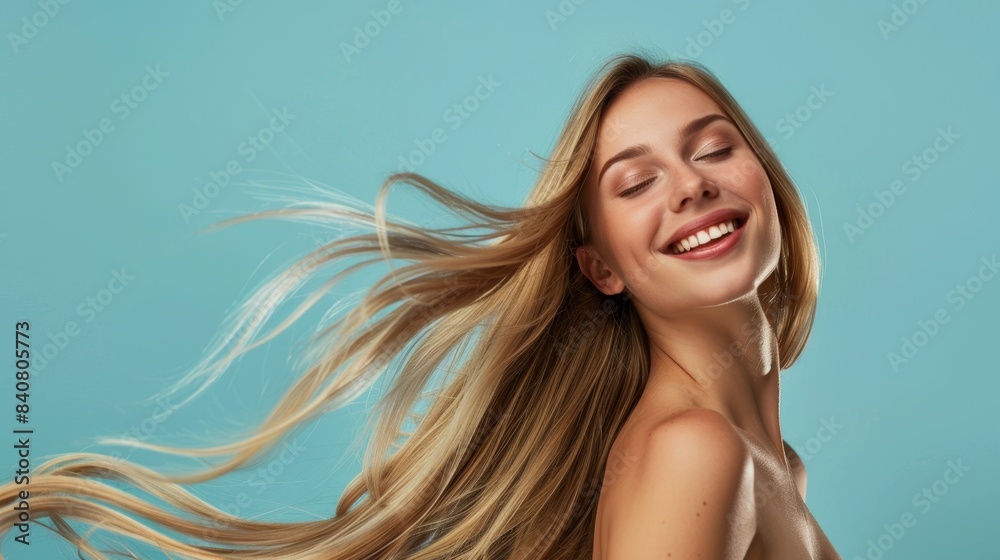 Salon, blowing blonde hair, smiling woman portrait, beauty, and wellbeing. Hair salon, hair care, and fresh-haired woman posture for shampoo, conditioner, and designer hair product