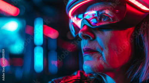 Portrait of a gray-haired woman wearing virtual reality glasses on a dark background. Adult woman having fun with viar glasses on neon background. Technology concept, happy retirement. photo