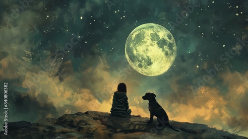 a girl and her dog under the moonscape.