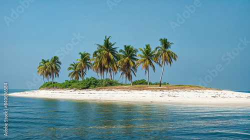 Remote Tropical Island with Palm Trees and Clear Blue Water on a Sunny Day  Ideal for Relaxation and Escape to Nature