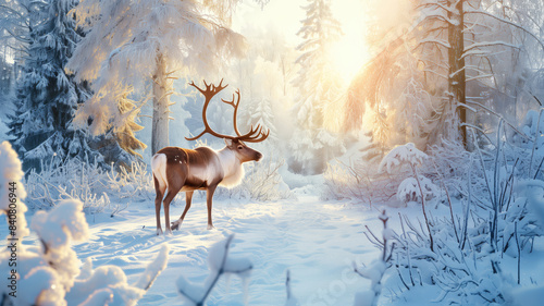 Christmas Rudolph reindeer in winter forest Generative AI