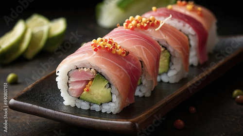 Sushi, tuna rolls with avocado on a wooden plate, a Japanese cuisine dish.