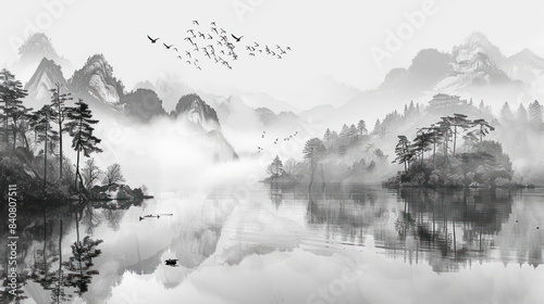 wallpaper vintage chinese landscape drawing of lake with birds trees and fog in black and white design for wallpaper, wall art, print, fresco, mural photo