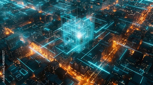 Wallpaper Mural Digital twin of smart city, urban center with buildings and streets surrounded by glowing blue lines forming an abstract cube shape hyper realistic  Torontodigital.ca