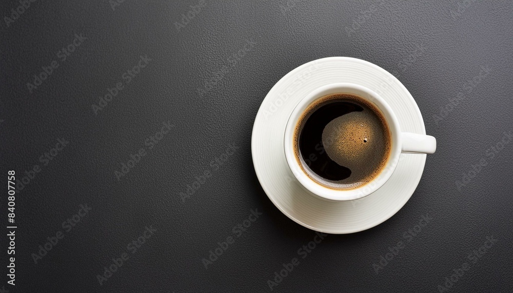 White cup of coffee on a black background, flat lay White cup of coffee on a black background, flat lay