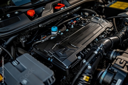 Clean Car Engine Bay with Properly Installed Battery - Ideal for Maintenance and Repair Manuals © spyrakot