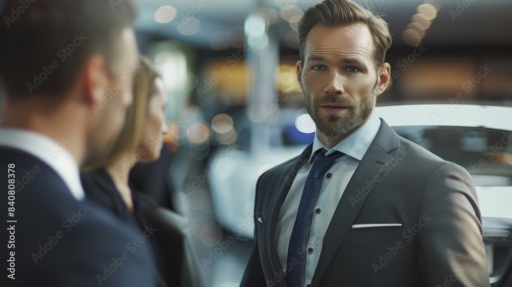 Elegant luxury car agent engaging with clients in a sophisticated auto dealership environment, emphasizing top-tier car sales expertise hyper realistic Elegant luxury car agent engaging with clients in a sophisticated auto dealership environment, emphasizing top-tier car sales expertise hyper realistic