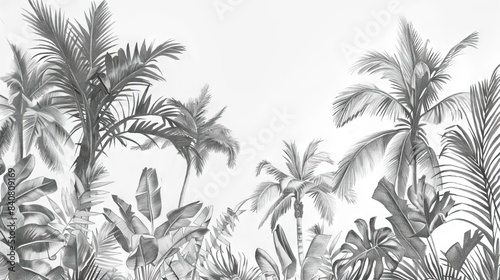 Seamless Border Hand Drawn Black and White Lithography Illustration Retro Style Design. Tropical wallapaper. AI generated illustration