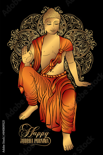 Vector image of Gautam Buddha sitting and blessing. Postcard, poster, banner - Buddha Purnima or Vesak card