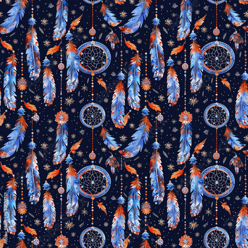 Watercolor Dreamcatchers And Feathers Seamless Pattern Design