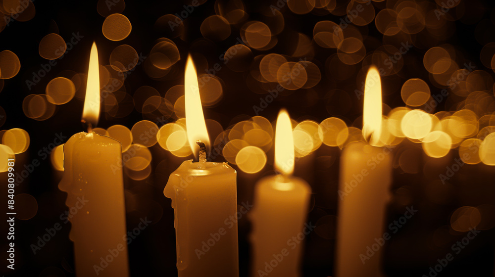 Close-up of lit candles on a dark background. Wax candles burn illuminating the room. Aroma therapy. Close-up of lit candles on a dark background. Wax candles burn illuminating the room. Aroma therapy.