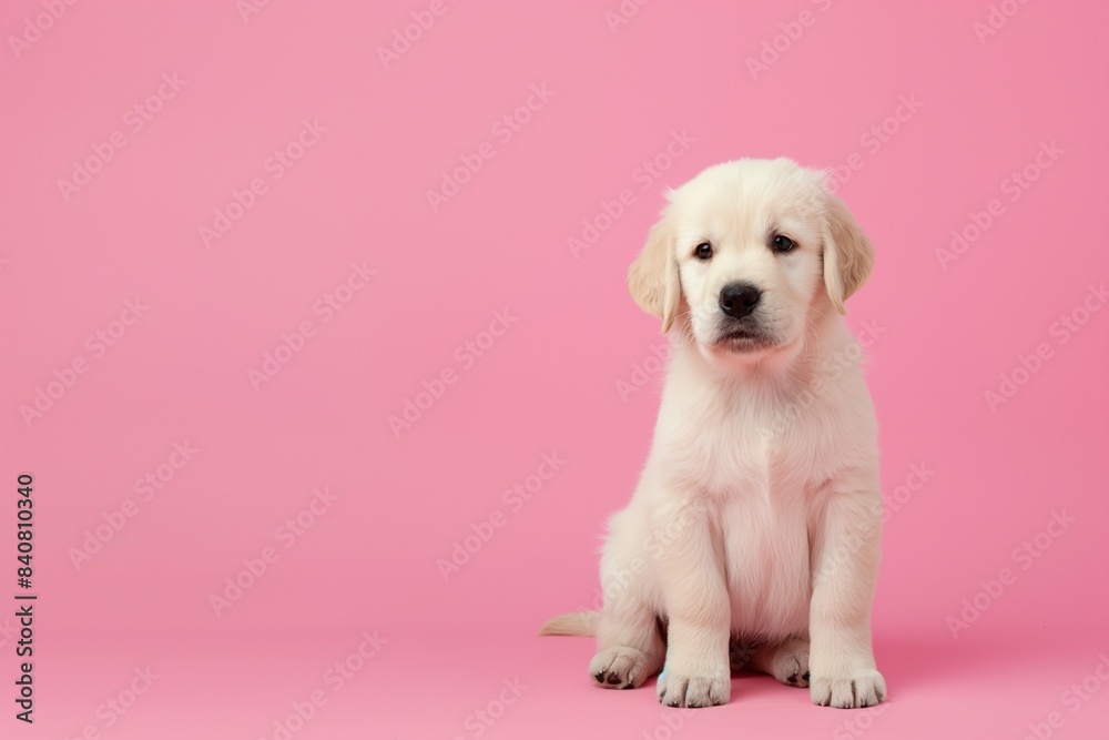 Studio portrait photo of a cute golden retriever puppy sitting against a background of pastel shades, with copy space. Studio portrait photo of a cute golden retriever puppy sitting against a background of pastel shades, with copy space.