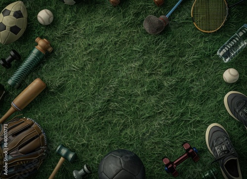 A background of grass with various sports equipment such as a football, badminton racket and ball, baseball bat and glove, soccer ball