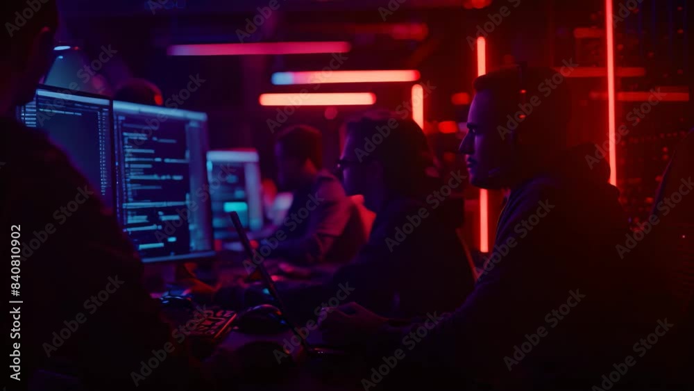 Group of cybersecurity professionals collaborating and working together at a computer desk, A team of cybersecurity professionals working together to defend against a cyber attack Group of cybersecurity professionals collaborating and working together at a computer desk, A team of cybersecurity professionals working together to defend against a cyber attack