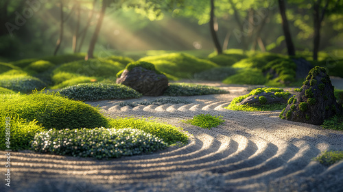 A Japanese zen garden with carefully raked sand patterns, lush green moss-covered rocks