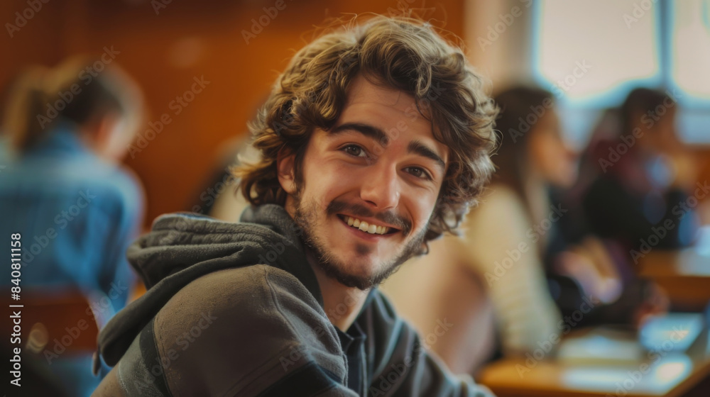 Portrait of a young student sitting at a desk at a lecture in college. Happy guy during classes in class. Education concept. Portrait of a young student sitting at a desk at a lecture in college. Happy guy during classes in class. Education concept.