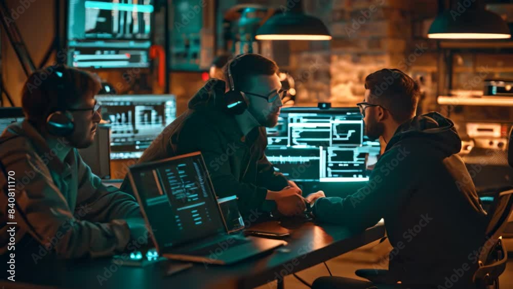 Group of people focused, working on laptops at table, A team of cybersecurity professionals working together to defend against a cyber attack Group of people focused, working on laptops at table, A team of cybersecurity professionals working together to defend against a cyber attack