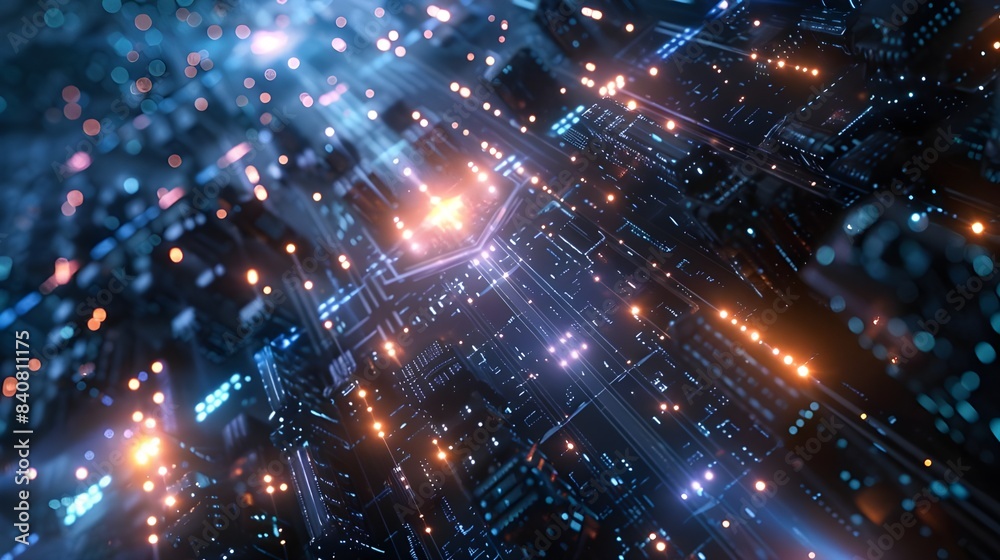 Fototapeta premium ech backdrop featuring glowing fiber optic links, quantum computing network, and electronic global intelligence