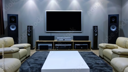 Modern Home Theater Setup with Wall-Mounted TV, Surround Sound System, and Contemporary Furniture