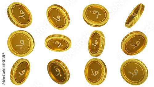 3D rendering of set of abstract golden Afghan Afghani coins concept in different angles. Afghani sign on golden coin isolated on transparent background photo