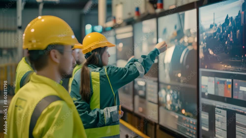 Two engineers in hardhats reviewing data on a large screen during training session, A team of engineers conducts training on using a SCADA system for new operators Two engineers in hardhats reviewing data on a large screen during training session, A team of engineers conducts training on using a SCADA system for new operators