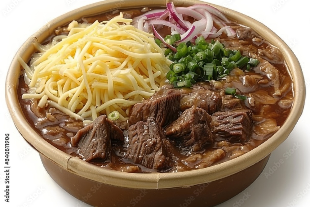 Hearty bowl of soup with shredded cheese and onions, showcasing a comforting, savory meal in a warm, inviting setting perfect for a chilly day Hearty bowl of soup with shredded cheese and onions, showcasing a comforting, savory meal in a warm, inviting setting perfect for a chilly day